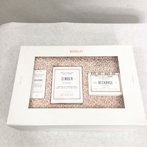 NEW WOODLOT 3 Piece Essentials Gift Set, Essential Oil, Candle, Soap, Recharge